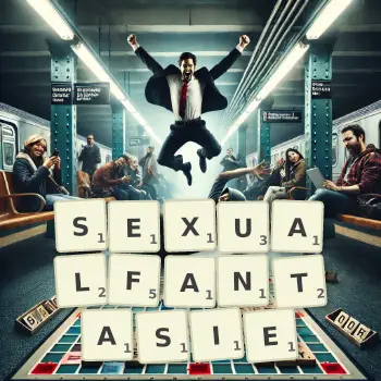 Kreative Illustration für ein Scrabble-Spiel, bei dem das Wort SEXUALFANTASIE mit Steinen auf dem Brett gelegt wurde.