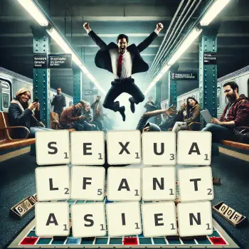Kreative Illustration für ein Scrabble-Spiel, bei dem das Wort SEXUALFANTASIEN mit Steinen auf dem Brett gelegt wurde.
