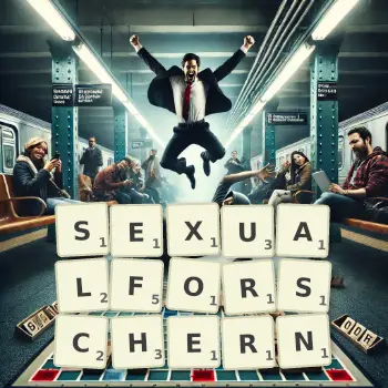 Kreative Illustration für ein Scrabble-Spiel, bei dem das Wort SEXUALFORSCHERN mit Steinen auf dem Brett gelegt wurde.