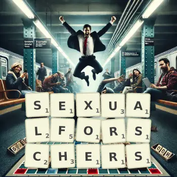 Kreative Illustration für ein Scrabble-Spiel, bei dem das Wort SEXUALFORSCHERS mit Steinen auf dem Brett gelegt wurde.
