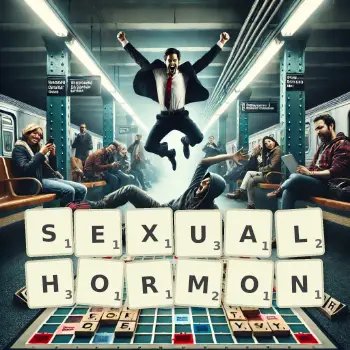 Kreative Illustration für ein Scrabble-Spiel, bei dem das Wort SEXUALHORMON mit Steinen auf dem Brett gelegt wurde.