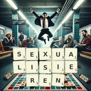 Kreative Illustration für ein Scrabble-Spiel, bei dem das Wort SEXUALISIEREN mit Steinen auf dem Brett gelegt wurde.
