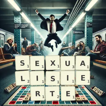 Kreative Illustration für ein Scrabble-Spiel, bei dem das Wort SEXUALISIERTE mit Steinen auf dem Brett gelegt wurde.