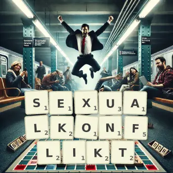 Kreative Illustration für ein Scrabble-Spiel, bei dem das Wort SEXUALKONFLIKT mit Steinen auf dem Brett gelegt wurde.