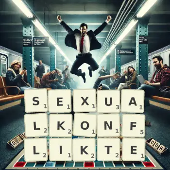 Kreative Illustration für ein Scrabble-Spiel, bei dem das Wort SEXUALKONFLIKTE mit Steinen auf dem Brett gelegt wurde.