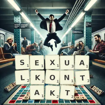 Kreative Illustration für ein Scrabble-Spiel, bei dem das Wort SEXUALKONTAKT mit Steinen auf dem Brett gelegt wurde.