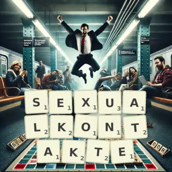 Kreative Illustration für ein Scrabble-Spiel, bei dem das Wort SEXUALKONTAKTE mit Steinen auf dem Brett gelegt wurde.