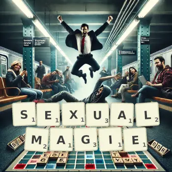 Kreative Illustration für ein Scrabble-Spiel, bei dem das Wort SEXUALMAGIE mit Steinen auf dem Brett gelegt wurde.