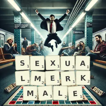 Kreative Illustration für ein Scrabble-Spiel, bei dem das Wort SEXUALMERKMALE mit Steinen auf dem Brett gelegt wurde.