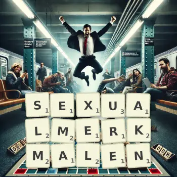 Kreative Illustration für ein Scrabble-Spiel, bei dem das Wort SEXUALMERKMALEN mit Steinen auf dem Brett gelegt wurde.