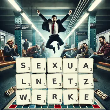 Kreative Illustration für ein Scrabble-Spiel, bei dem das Wort SEXUALNETZWERKE mit Steinen auf dem Brett gelegt wurde.