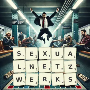Kreative Illustration für ein Scrabble-Spiel, bei dem das Wort SEXUALNETZWERKS mit Steinen auf dem Brett gelegt wurde.