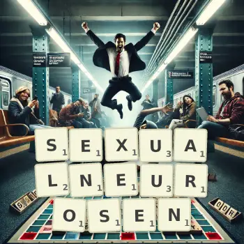 Kreative Illustration für ein Scrabble-Spiel, bei dem das Wort SEXUALNEUROSEN mit Steinen auf dem Brett gelegt wurde.