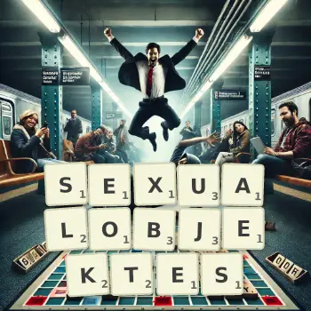 Kreative Illustration für ein Scrabble-Spiel, bei dem das Wort SEXUALOBJEKTES mit Steinen auf dem Brett gelegt wurde.