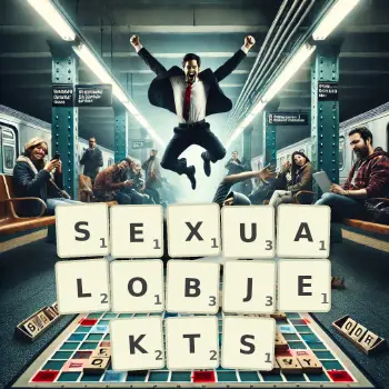 Kreative Illustration für ein Scrabble-Spiel, bei dem das Wort SEXUALOBJEKTS mit Steinen auf dem Brett gelegt wurde.