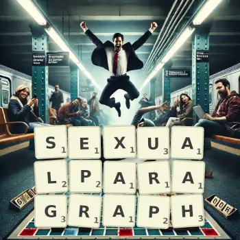 Kreative Illustration für ein Scrabble-Spiel, bei dem das Wort SEXUALPARAGRAPH mit Steinen auf dem Brett gelegt wurde.