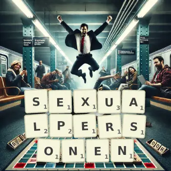 Kreative Illustration für ein Scrabble-Spiel, bei dem das Wort SEXUALPERSONEN mit Steinen auf dem Brett gelegt wurde.