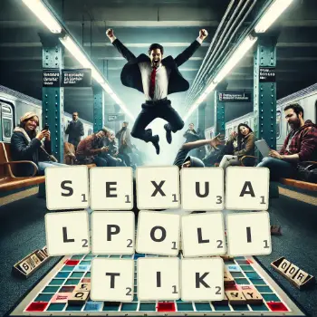 Kreative Illustration für ein Scrabble-Spiel, bei dem das Wort SEXUALPOLITIK mit Steinen auf dem Brett gelegt wurde.