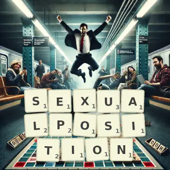 Kreative Illustration für ein Scrabble-Spiel, bei dem das Wort SEXUALPOSITION mit Steinen auf dem Brett gelegt wurde.