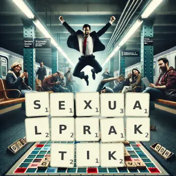 Kreative Illustration für ein Scrabble-Spiel, bei dem das Wort SEXUALPRAKTIK mit Steinen auf dem Brett gelegt wurde.