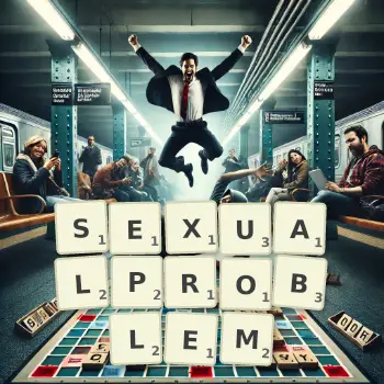 Kreative Illustration für ein Scrabble-Spiel, bei dem das Wort SEXUALPROBLEM mit Steinen auf dem Brett gelegt wurde.