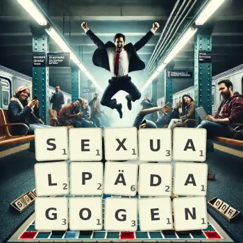 Kreative Illustration für ein Scrabble-Spiel, bei dem das Wort SEXUALPÄDAGOGEN mit Steinen auf dem Brett gelegt wurde.