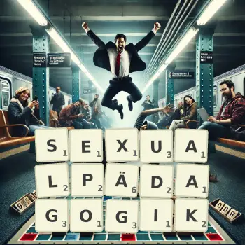 Kreative Illustration für ein Scrabble-Spiel, bei dem das Wort SEXUALPÄDAGOGIK mit Steinen auf dem Brett gelegt wurde.