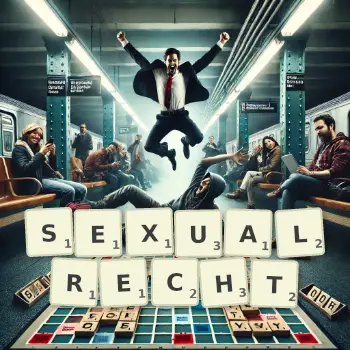 Kreative Illustration für ein Scrabble-Spiel, bei dem das Wort SEXUALRECHT mit Steinen auf dem Brett gelegt wurde.