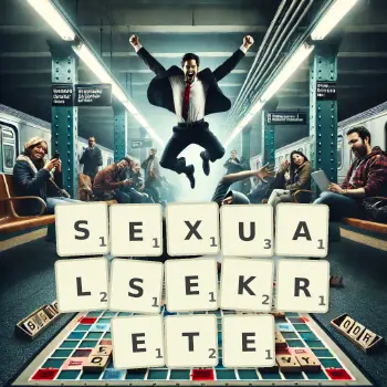 Kreative Illustration für ein Scrabble-Spiel, bei dem das Wort SEXUALSEKRETE mit Steinen auf dem Brett gelegt wurde.