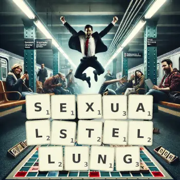 Kreative Illustration für ein Scrabble-Spiel, bei dem das Wort SEXUALSTELLUNG mit Steinen auf dem Brett gelegt wurde.