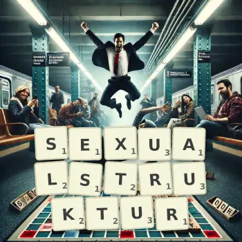 Kreative Illustration für ein Scrabble-Spiel, bei dem das Wort SEXUALSTRUKTUR mit Steinen auf dem Brett gelegt wurde.