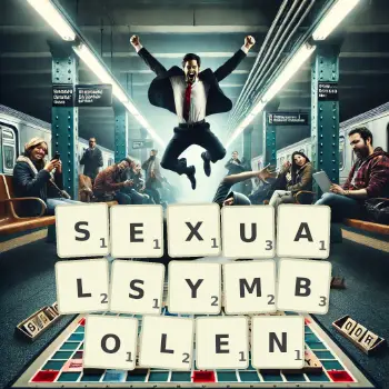 Kreative Illustration für ein Scrabble-Spiel, bei dem das Wort SEXUALSYMBOLEN mit Steinen auf dem Brett gelegt wurde.