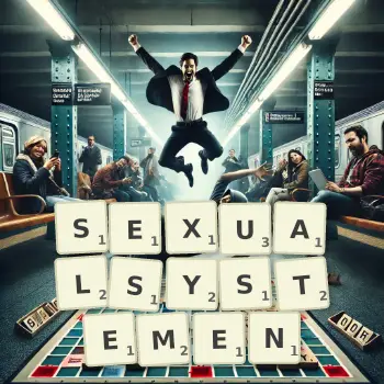 Kreative Illustration für ein Scrabble-Spiel, bei dem das Wort SEXUALSYSTEMEN mit Steinen auf dem Brett gelegt wurde.