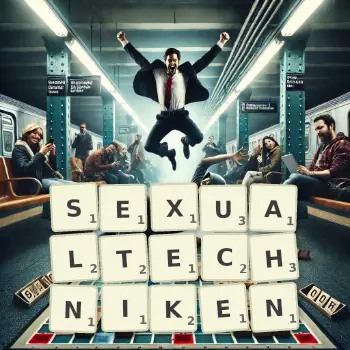 Kreative Illustration für ein Scrabble-Spiel, bei dem das Wort SEXUALTECHNIKEN mit Steinen auf dem Brett gelegt wurde.