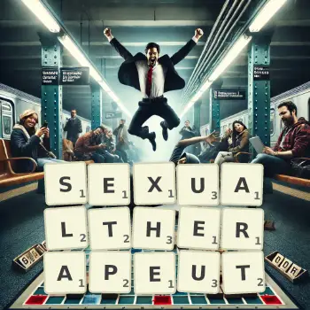 Kreative Illustration für ein Scrabble-Spiel, bei dem das Wort SEXUALTHERAPEUT mit Steinen auf dem Brett gelegt wurde.