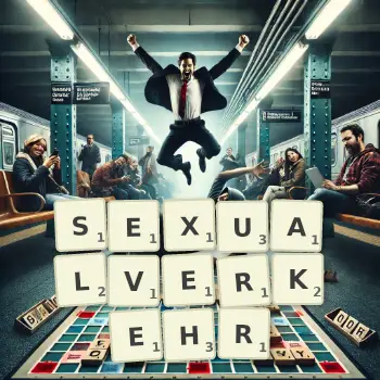 Kreative Illustration für ein Scrabble-Spiel, bei dem das Wort SEXUALVERKEHR mit Steinen auf dem Brett gelegt wurde.