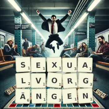Kreative Illustration für ein Scrabble-Spiel, bei dem das Wort SEXUALVORGÄNGEN mit Steinen auf dem Brett gelegt wurde.