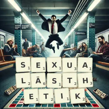 Kreative Illustration für ein Scrabble-Spiel, bei dem das Wort SEXUALÄSTHETIK mit Steinen auf dem Brett gelegt wurde.