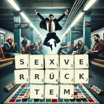 Kreative Illustration für ein Scrabble-Spiel, bei dem das Wort SEXVERRÜCKTEM mit Steinen auf dem Brett gelegt wurde.