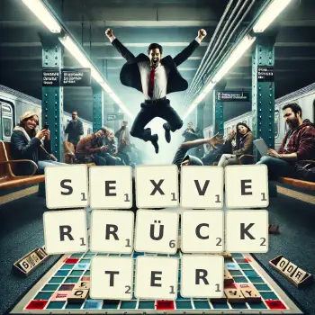 Kreative Illustration für ein Scrabble-Spiel, bei dem das Wort SEXVERRÜCKTER mit Steinen auf dem Brett gelegt wurde.