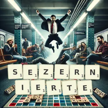 Kreative Illustration für ein Scrabble-Spiel, bei dem das Wort SEZERNIERTE mit Steinen auf dem Brett gelegt wurde.
