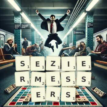 Kreative Illustration für ein Scrabble-Spiel, bei dem das Wort SEZIERMESSERS mit Steinen auf dem Brett gelegt wurde.