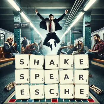 Kreative Illustration für ein Scrabble-Spiel, bei dem das Wort SHAKESPEARESCHE mit Steinen auf dem Brett gelegt wurde.