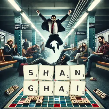 Kreative Illustration für ein Scrabble-Spiel, bei dem das Wort SHANGHAI mit Steinen auf dem Brett gelegt wurde.