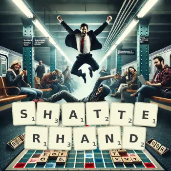 Kreative Illustration für ein Scrabble-Spiel, bei dem das Wort SHATTERHAND mit Steinen auf dem Brett gelegt wurde.