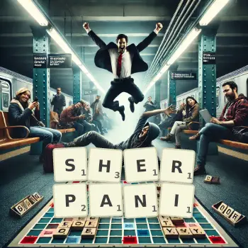 Kreative Illustration für ein Scrabble-Spiel, bei dem das Wort SHERPANI mit Steinen auf dem Brett gelegt wurde.