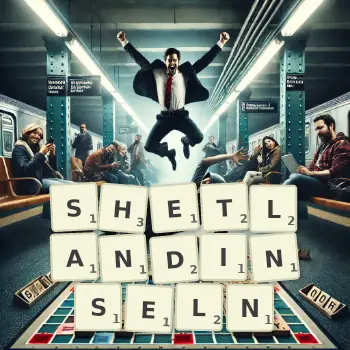 Kreative Illustration für ein Scrabble-Spiel, bei dem das Wort SHETLANDINSELN mit Steinen auf dem Brett gelegt wurde.