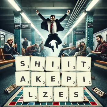 Kreative Illustration für ein Scrabble-Spiel, bei dem das Wort SHIITAKEPILZES mit Steinen auf dem Brett gelegt wurde.