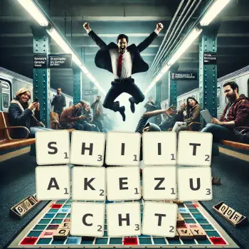 Kreative Illustration für ein Scrabble-Spiel, bei dem das Wort SHIITAKEZUCHT mit Steinen auf dem Brett gelegt wurde.