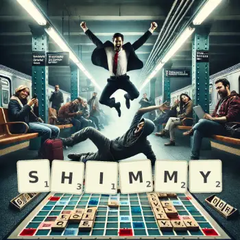 Kreative Illustration für ein Scrabble-Spiel, bei dem das Wort SHIMMY mit Steinen auf dem Brett gelegt wurde.